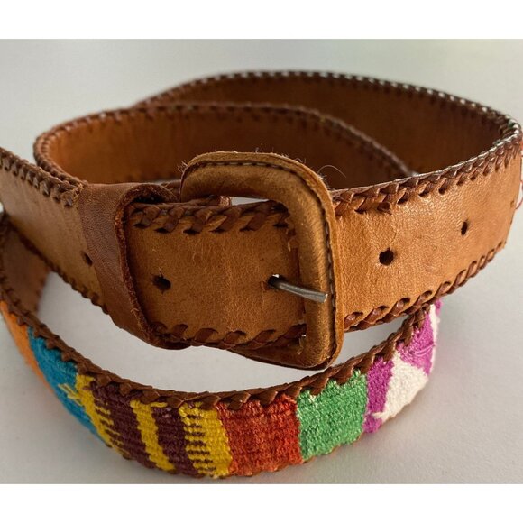 Colorful Western Belt, Leather buckle 42" long wool design - Picture 1 of 6